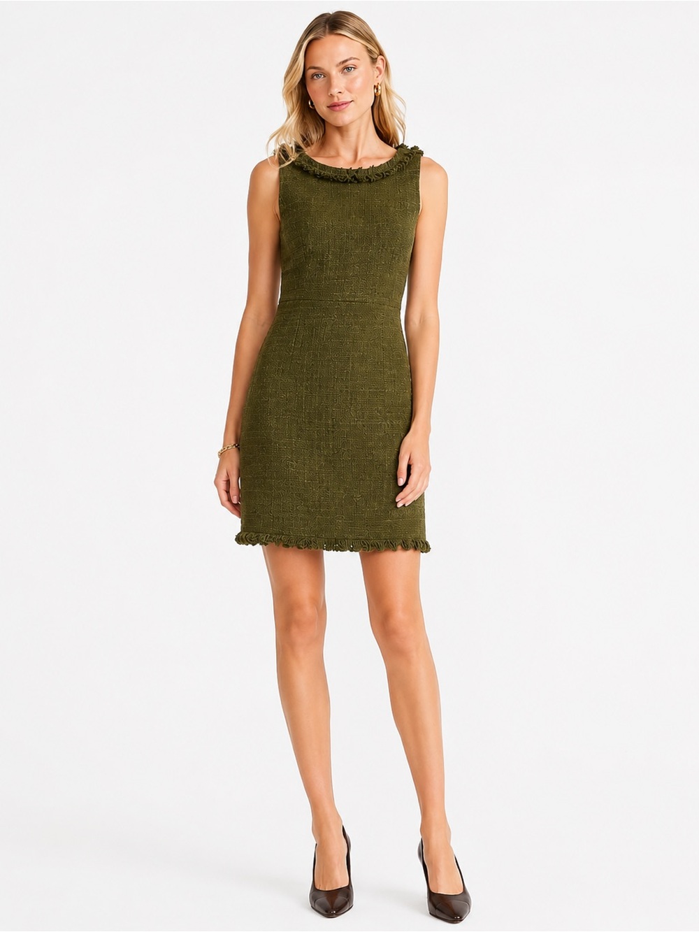 J.Crew Frayed Trim Tweed Shift Dress Olive‎ Green Size 0